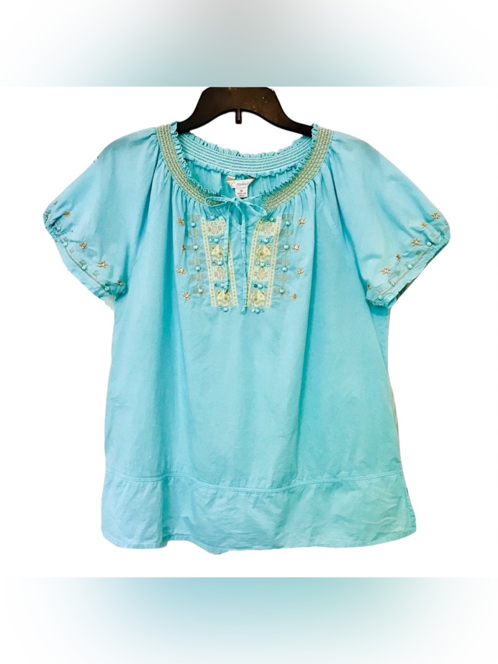 KC Khakis & Co. Womens M Mint Peasant Embroidered Beaded Short Sleeve Boho Top